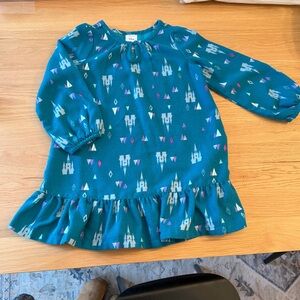 4T Disney Teal Castle Print Dress with Button Keyhole